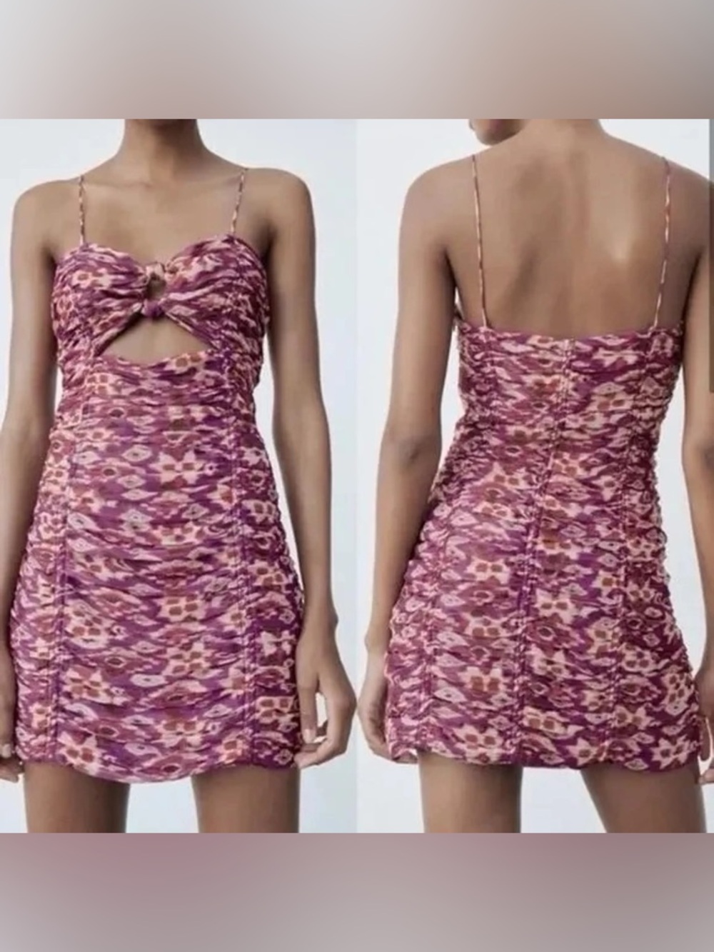 Zara Spaghetti Strap Ruched Purple Print Mini Dress